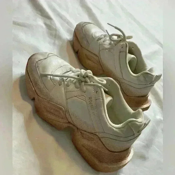 River Island Lace Up Glitter Chunky Style Trainers Sneaker Size 1 White Gold - Picture 6 of 14